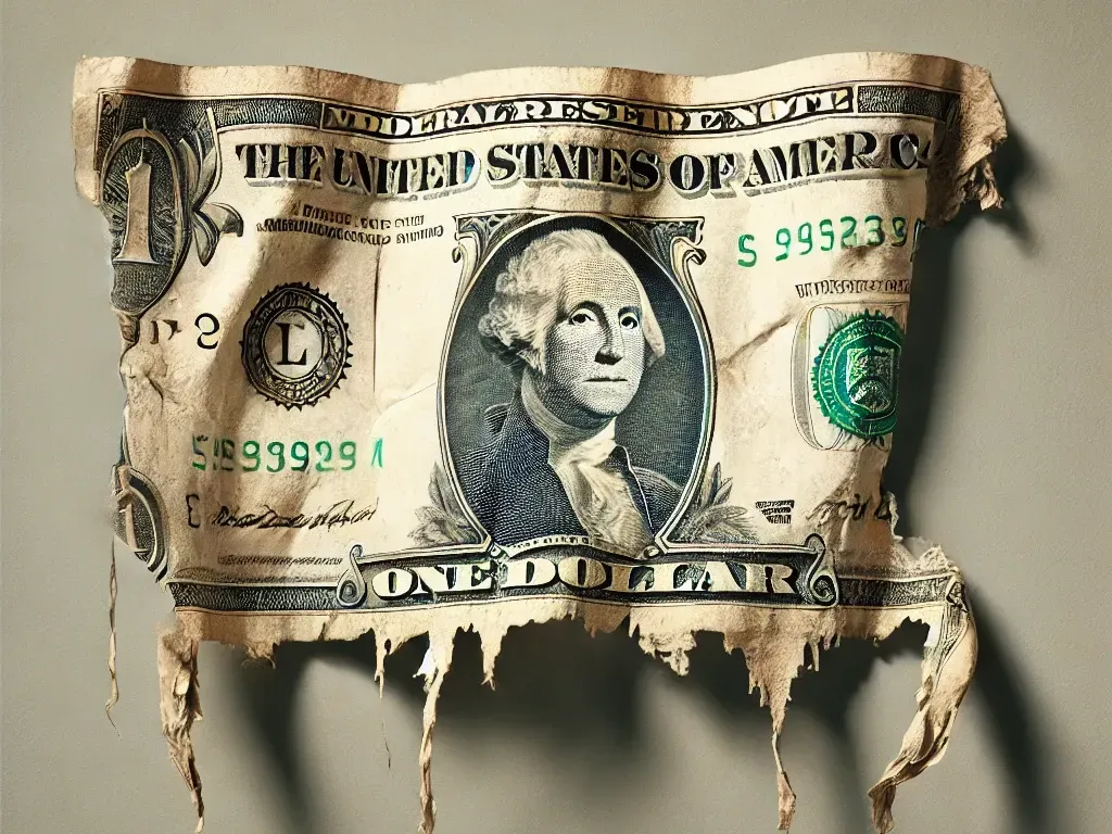 Billete dólar dañado que podrá utilizarse hasta fin de año. (Imagen IA)