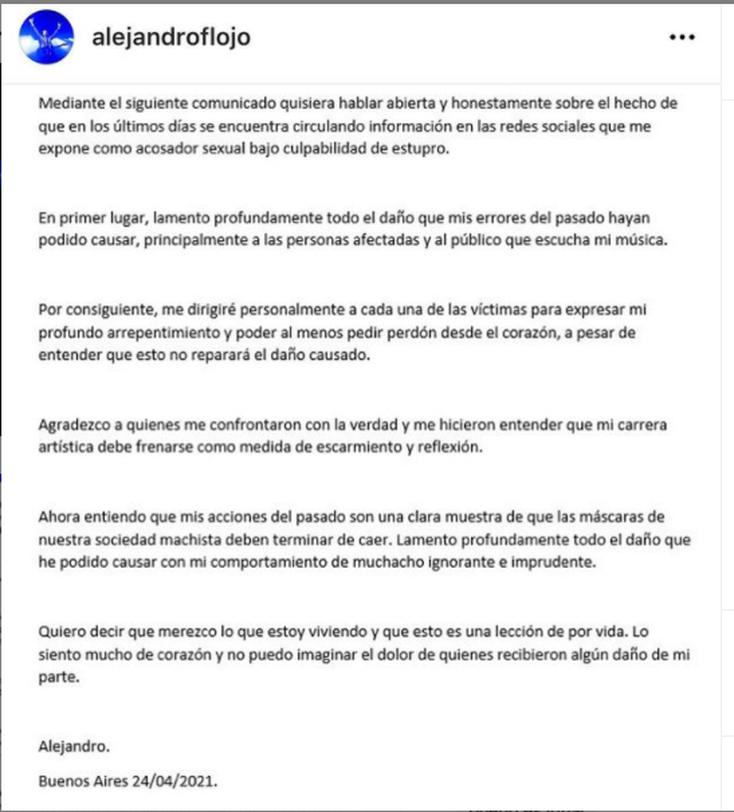 El comunicado de Alejandro Sojo que otros rockeros venezolanos rechazaron. Foto Instagram
