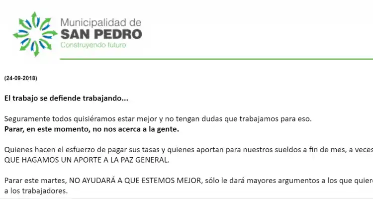 Paro General: Cecilio Salazar apeló a los municipales y dijo que “el trabajo se defiende trabajando”