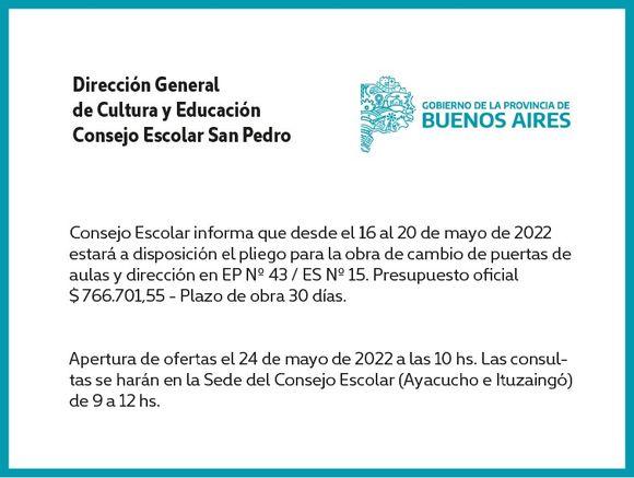 [Publicación Oficial] Consejo Escolar de San Pedro: obra de cambio de puertas de aulas y dirección