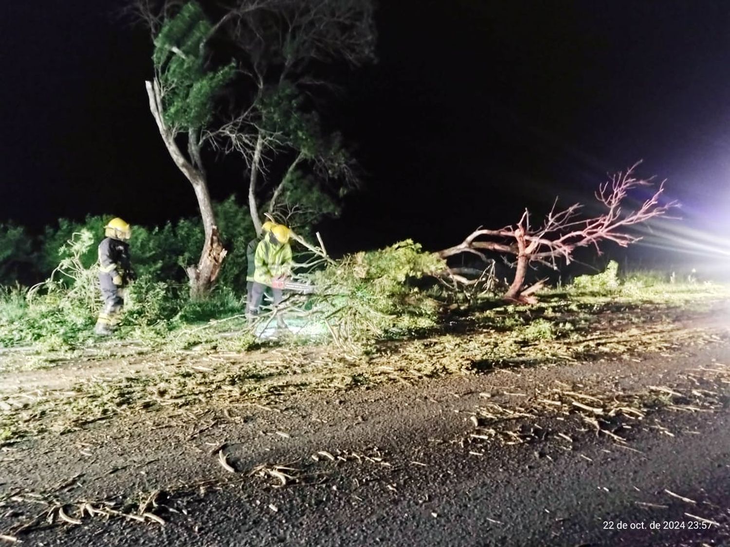 Los bomberos en plena tarea para liberar la ruta 33 entre Venado y Sancti Spiritu.