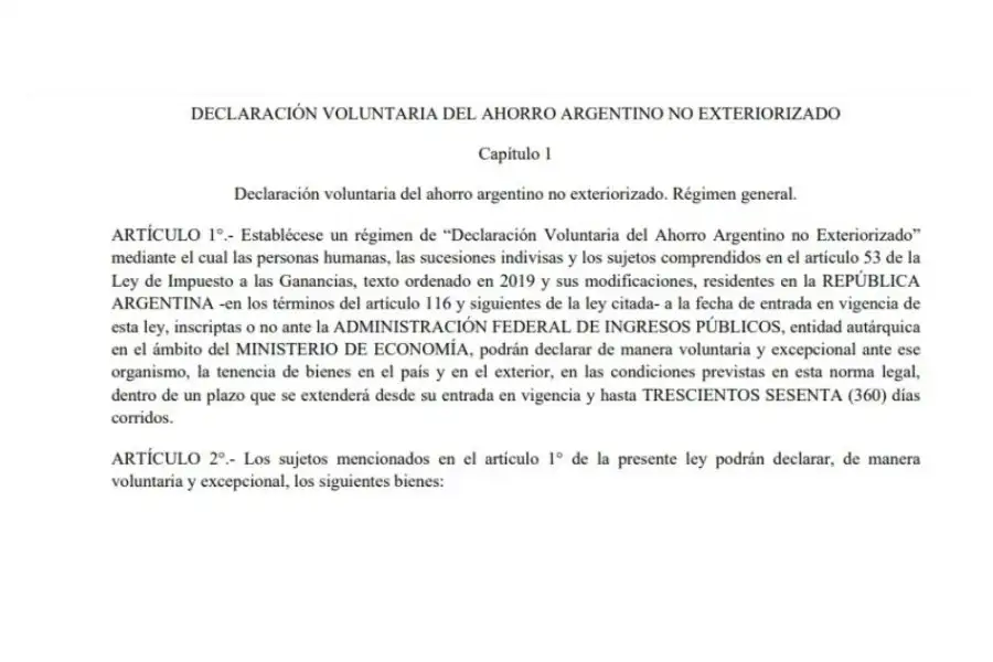 Creación del régimen especial “Declaración Voluntaria del Ahorro Argentino no Exteriorizado”