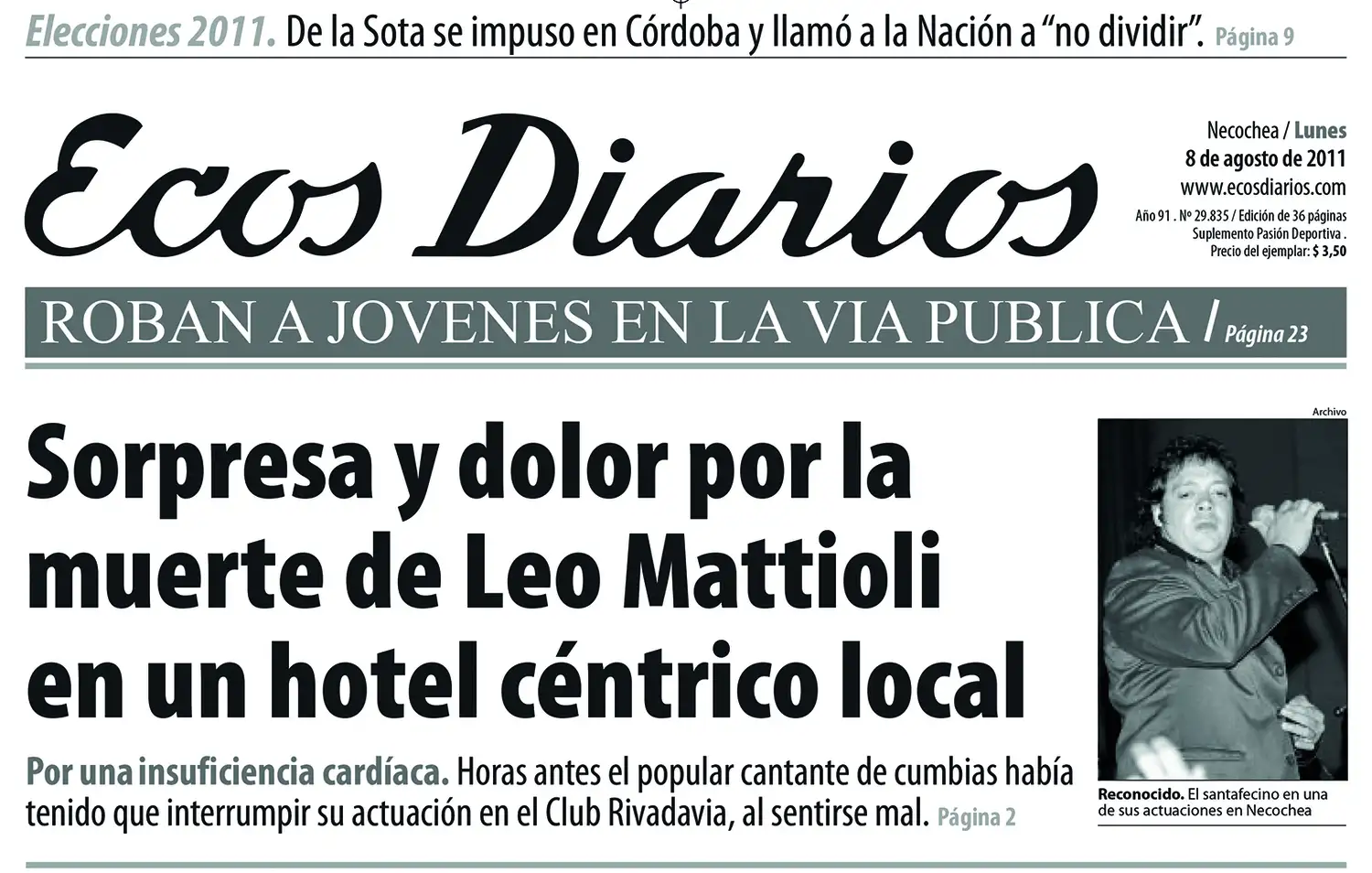 Tapa de Ecos Diarios. Contando la muerte de Leo Mattioli en Necochea