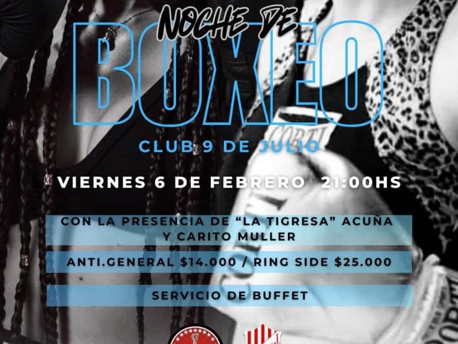 La ex campeona Marcela Acuña y la influencer Carito Müller esta noche en la velada boxística en 9 de Julio.