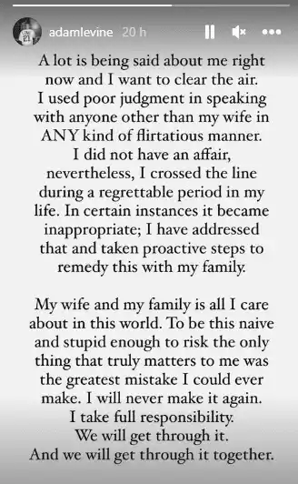 Adam Levine asume la responsabilidad. Foto Instagram