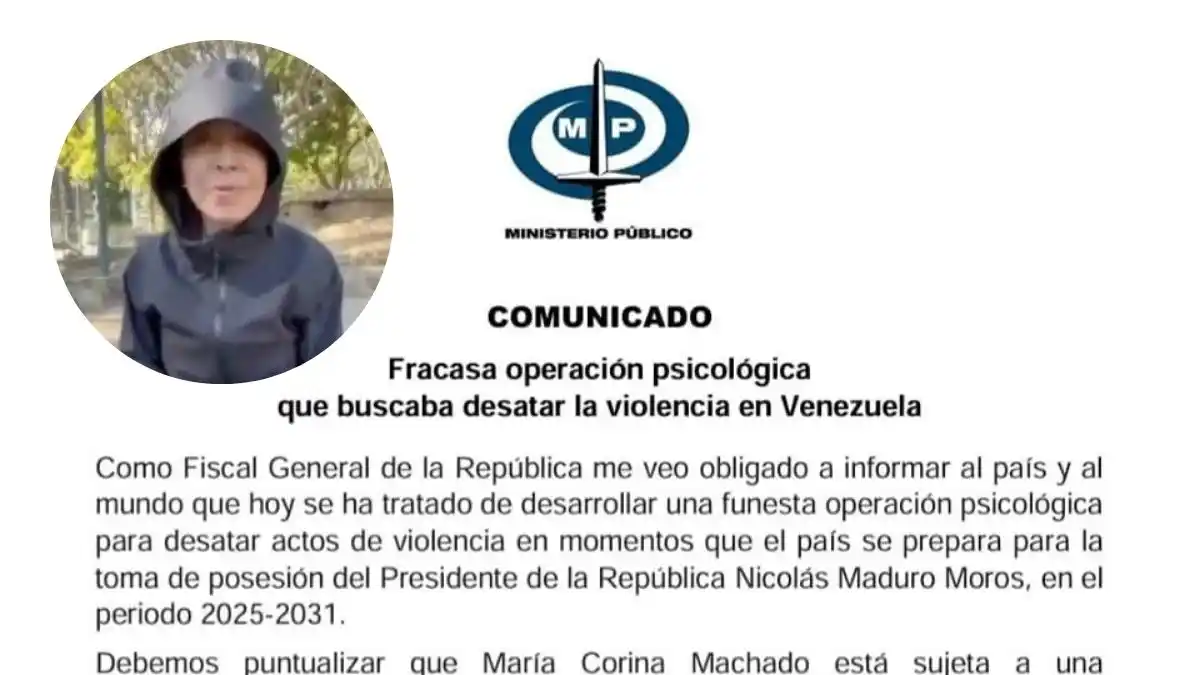 Fiscal acusa a María Corina de fraguar una “FUNESTA OPERACIÓN PSICOLÓGICA para desatar actos de violencia” en el país (+Comunicado)