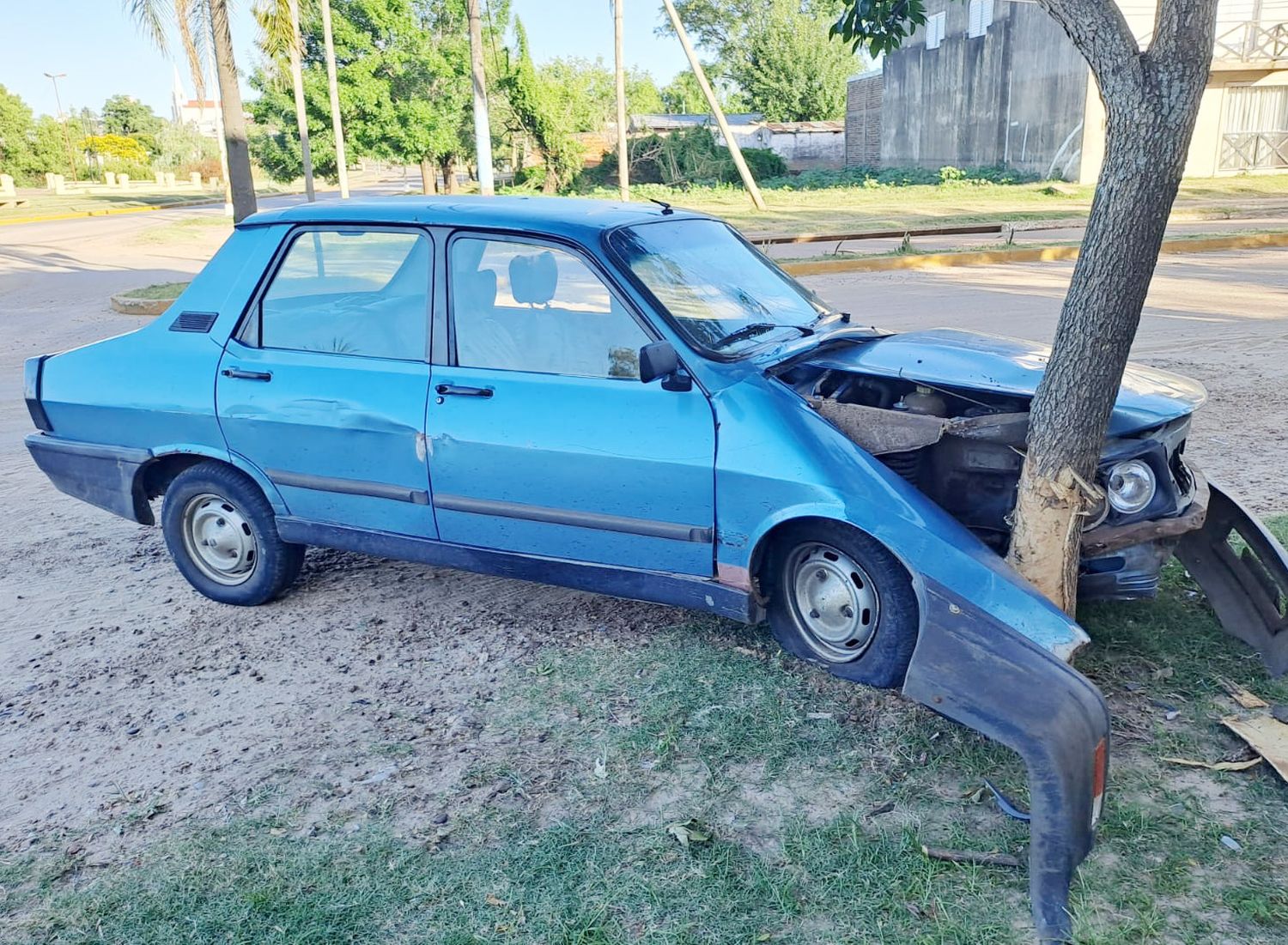 El conductor de un automóvil chocó contra un árbol en una rotonda