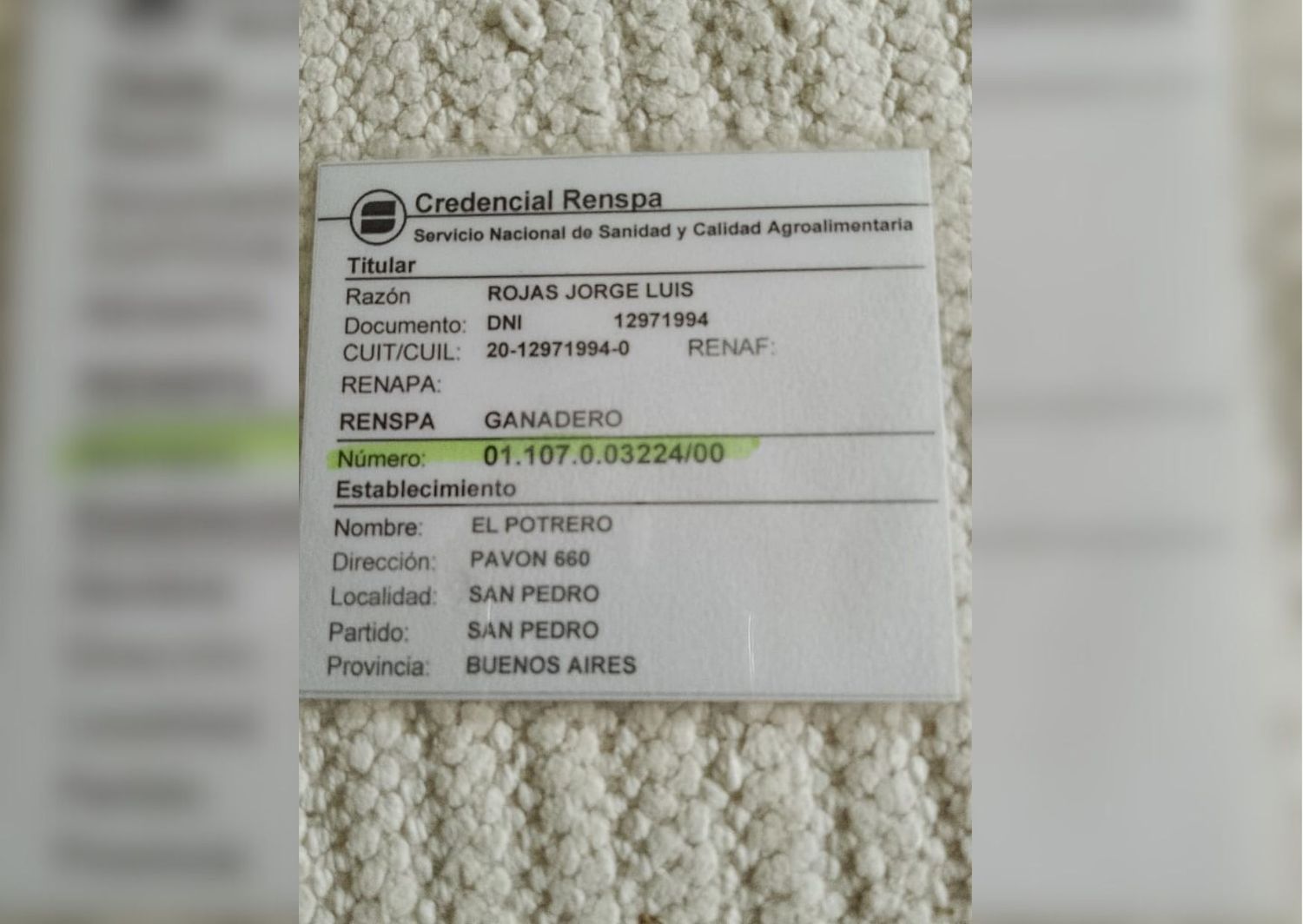 Encontraron credencial Renspa de Jorge Luis Rojas