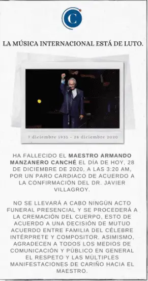 El comunicado de la familia de Manzanero. Foto: Twitter