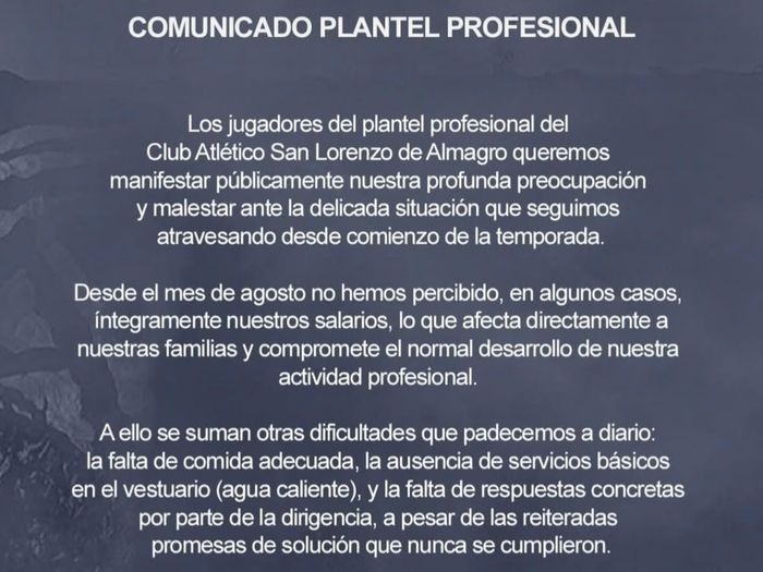 Comunicado plantel de San Lorenzo