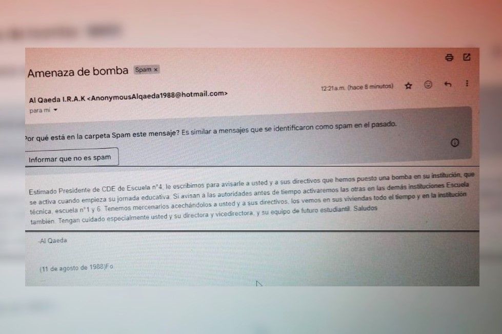 El e-mail que llegó a la casilla del Centro de Estudiantes del Normal.