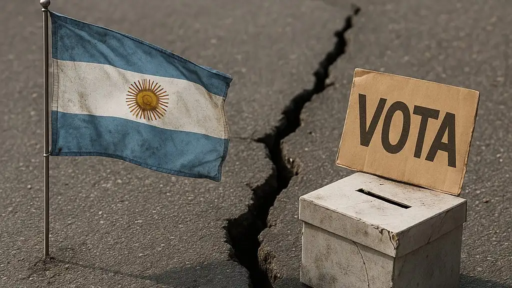La grieta argentina, literal: una bandera desgastada y una urna rota separadas por una fisura que simboliza siglos de desencuentro político.