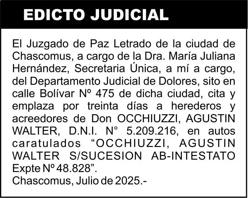 OCCHIUZZI, AGUSTIN WALTER S/SUCESION AB-INTESTATO