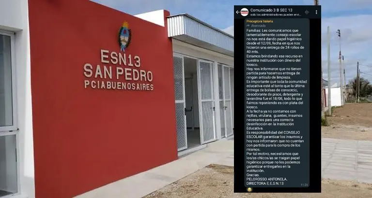El mensaje que enviaron las autoridades del establecimiento a las familias para avisar que no hay artículos de limpieza por falta de presupuesto.