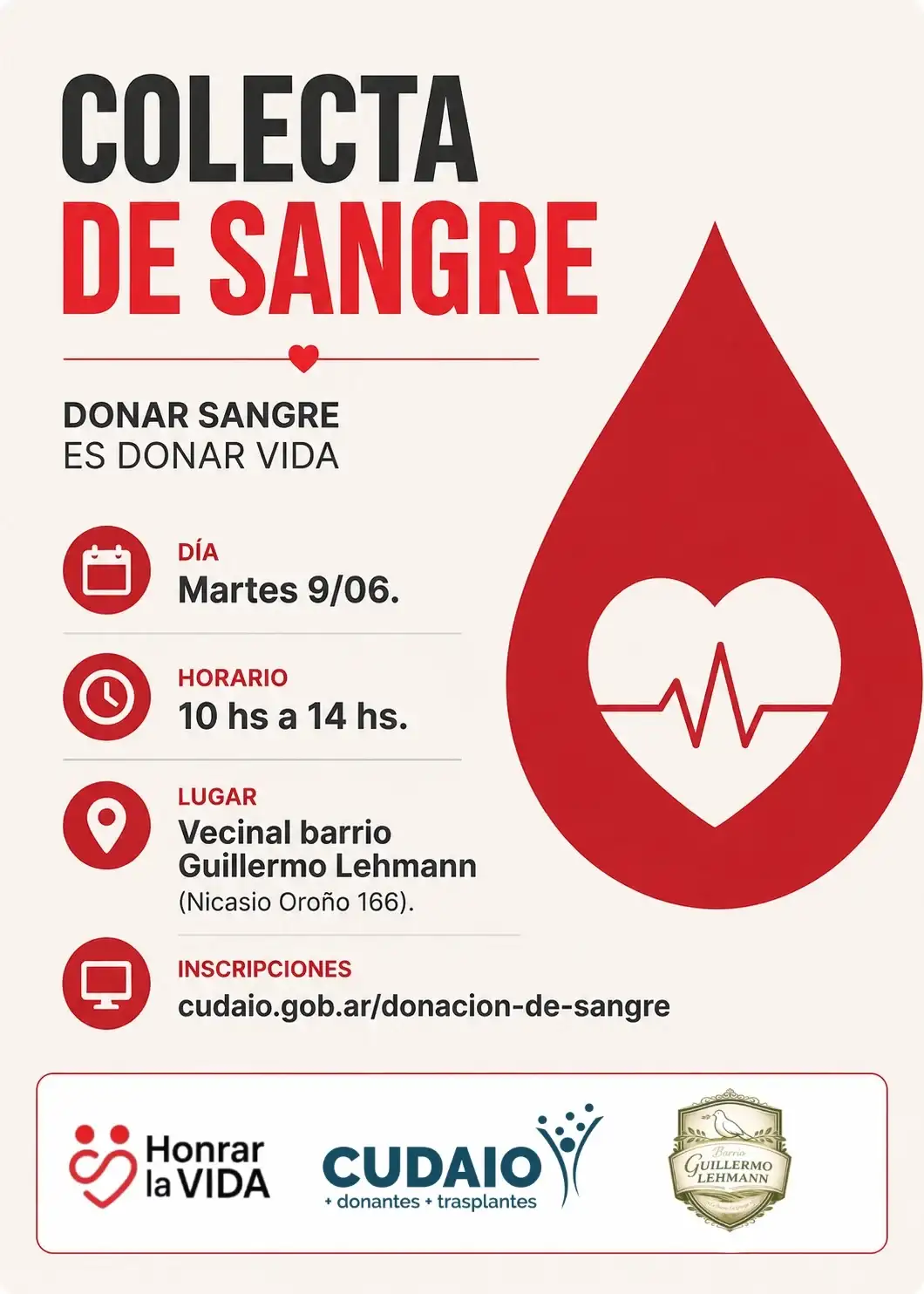 Este martes harán una colecta de sangre en la vecinal del barrio Guillermo Lehmann