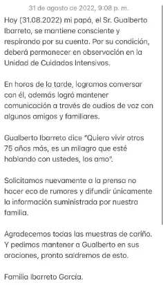 El comunicado de la familia de Gualberto Ibarreto. Foto Instagram