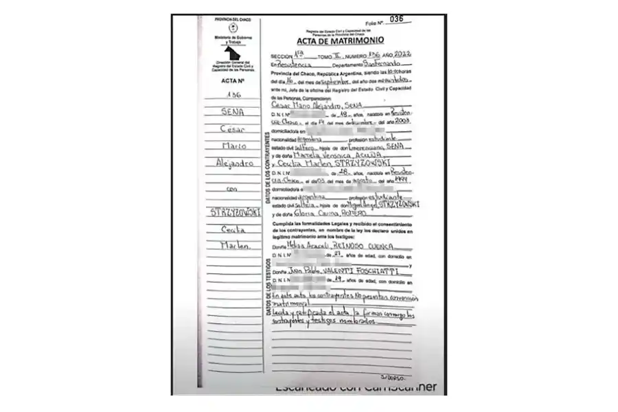 El acta de matrimonio de Cecilia y César Sena