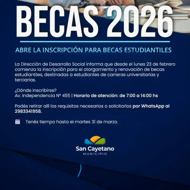 Becas. se abre la inscripción para las becas estudiantiles en San Cayetano