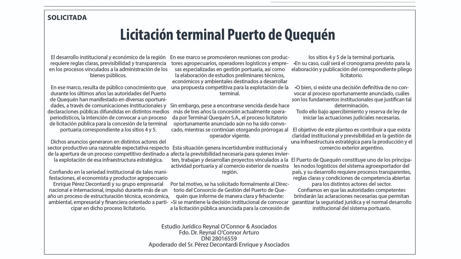 Reclamo por la licitación de la terminal portuaria en Quequén y advertencia de acciones judiciales
