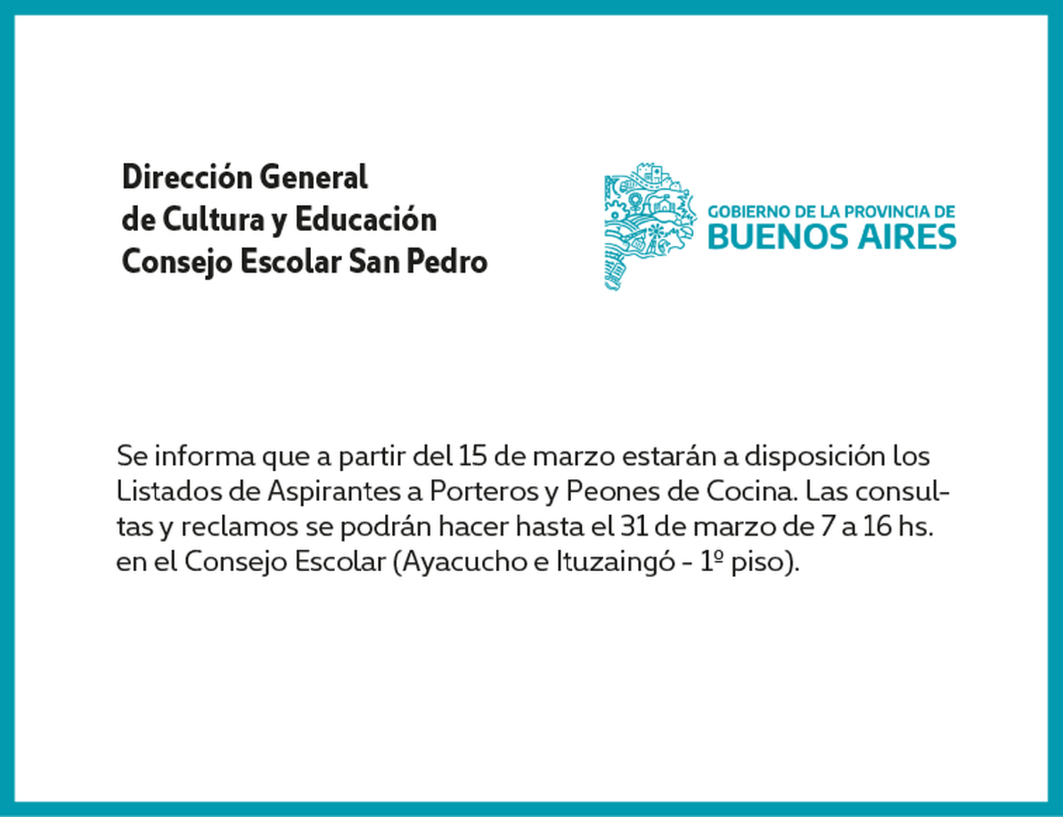 [Publicación Oficial] Informe Consejo Escolar: Están disponibles los listados de Aspirantes a Porteros y Peones de Cocina