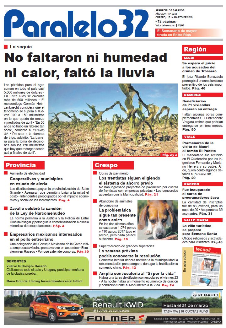 Tapa de este sábado de Paralelo 32 edición Crespo