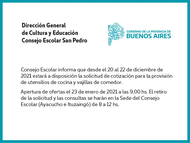 [Publicación Oficial] Informe Consejo Escolar: provisión de utensilios de cocina y vajillas de comedor