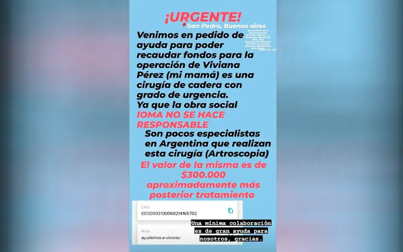 Viviana Pérez necesita una cirugía y reúnen fondos porque su obra social no la cubre