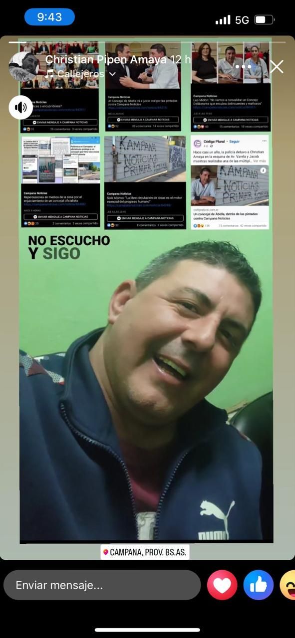 Amaya dice que no escucha y sigue. Está filmado por las cámaras realizando amenazas contra un diario local.