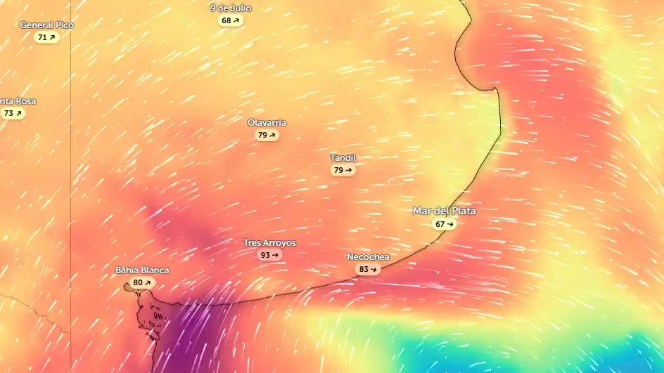 Rachas de viento para mañana a las 15 hs en kms/h