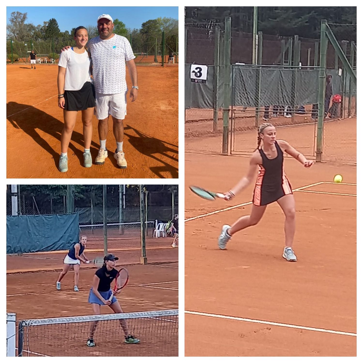 En la foto arriba Josefina con su entrenador Juan beracochea..-Abajo Josefina con su compañera de dobles Roberts Bronzini. Y a la derecha Josefina en uno se sus partidos