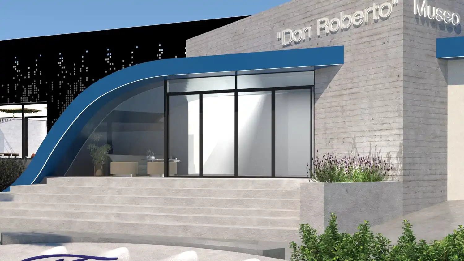 La curva azul en el acceso, inspirada en el óvalo de la marca, será uno de los elementos distintivos de la nueva fachada. (Render Grangetto Shultheis – Diseño y Construcción)