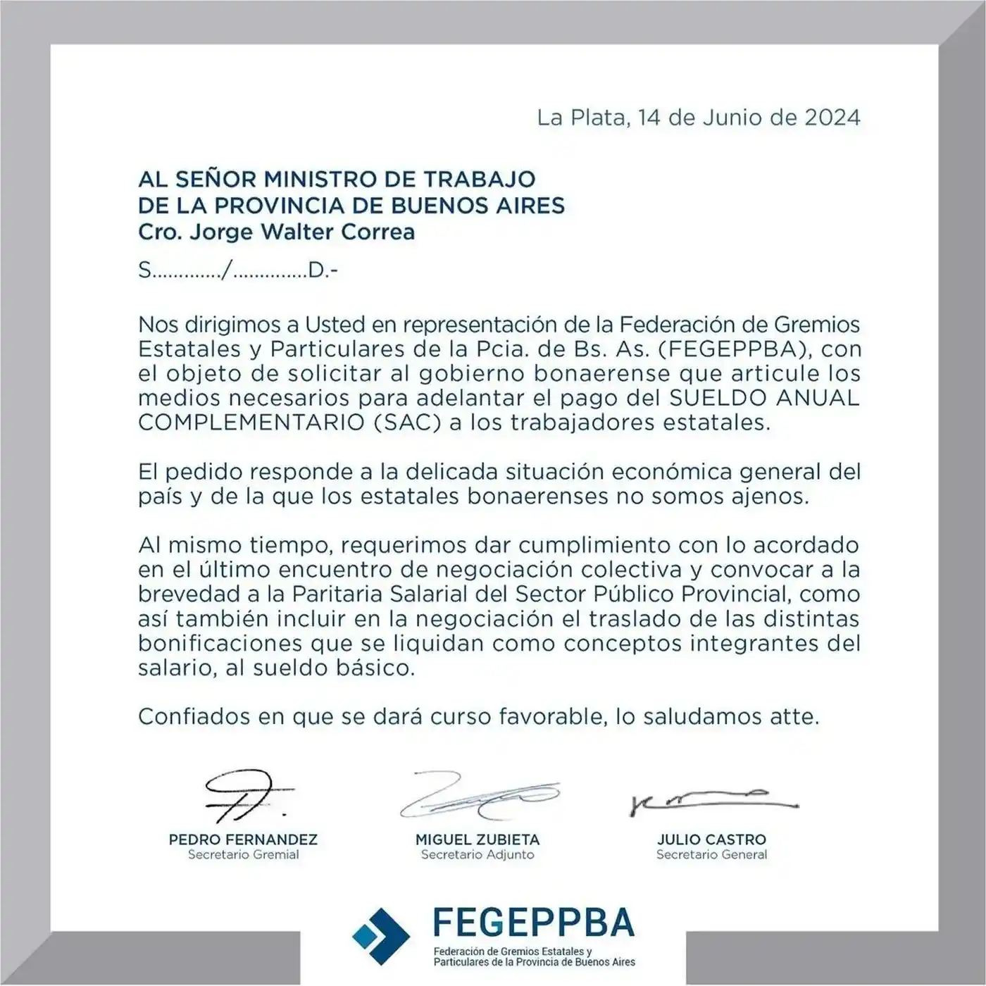 La nota presentada por el gremio.