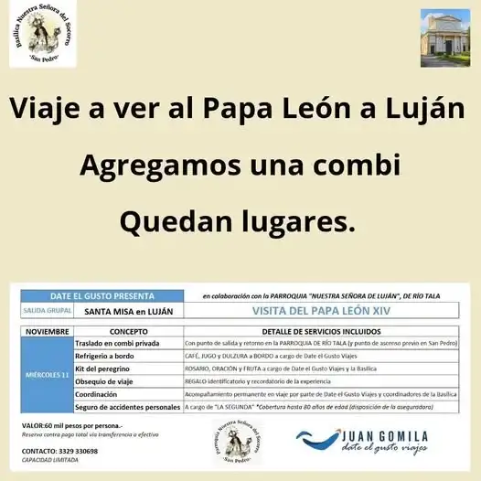 Nuevos cupos para el viaje a Luján por la visita del Papa León con la Basílica Socorro