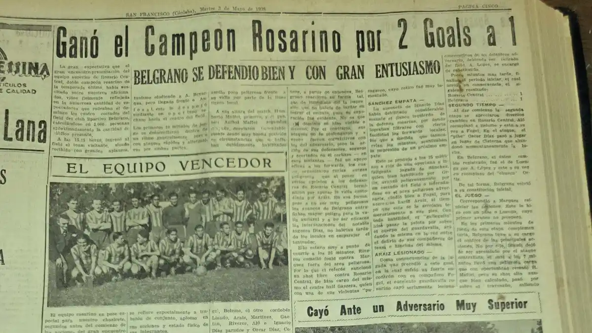 Recorte de La Voz de San Justo del 3 de mayo de 1938 que da cuenta del primer enfrentamiento entre Sportivo Belgrano y Rosario Central.
