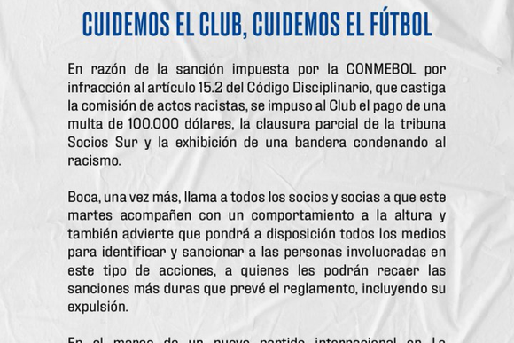 Boca sancionado por Conmebol por actos racistas en el juego ante Palmeira en 2023