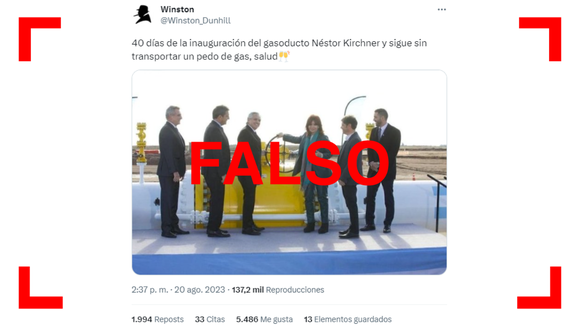 Es falso que el gasoducto Néstor Kirchner no esté transportando gas