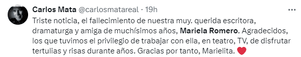 Carlos Mata fue de los primeros en lamentar la muerte de Mariela Romero. Foto X