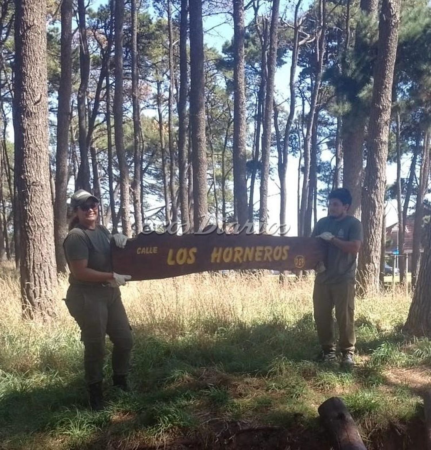 “Los horneros”. Dos operarios a punto de colocar ayer un nuevo cartel
