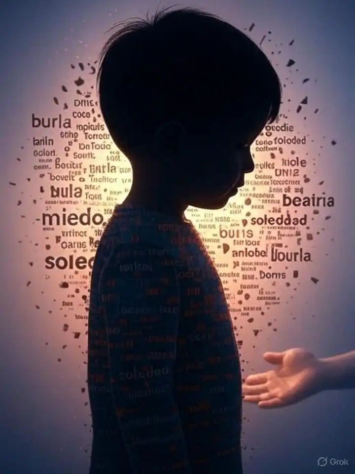 Un niño rodeado de palabras que duelen: soledad, miedo, burla. Una mano tendida recuerda que siempre hay salida si se actúa a tiempo.