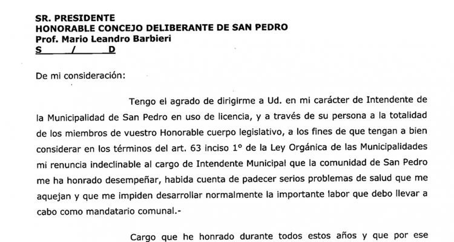 El texto de la renuncia del Intendente Pablo Guacone