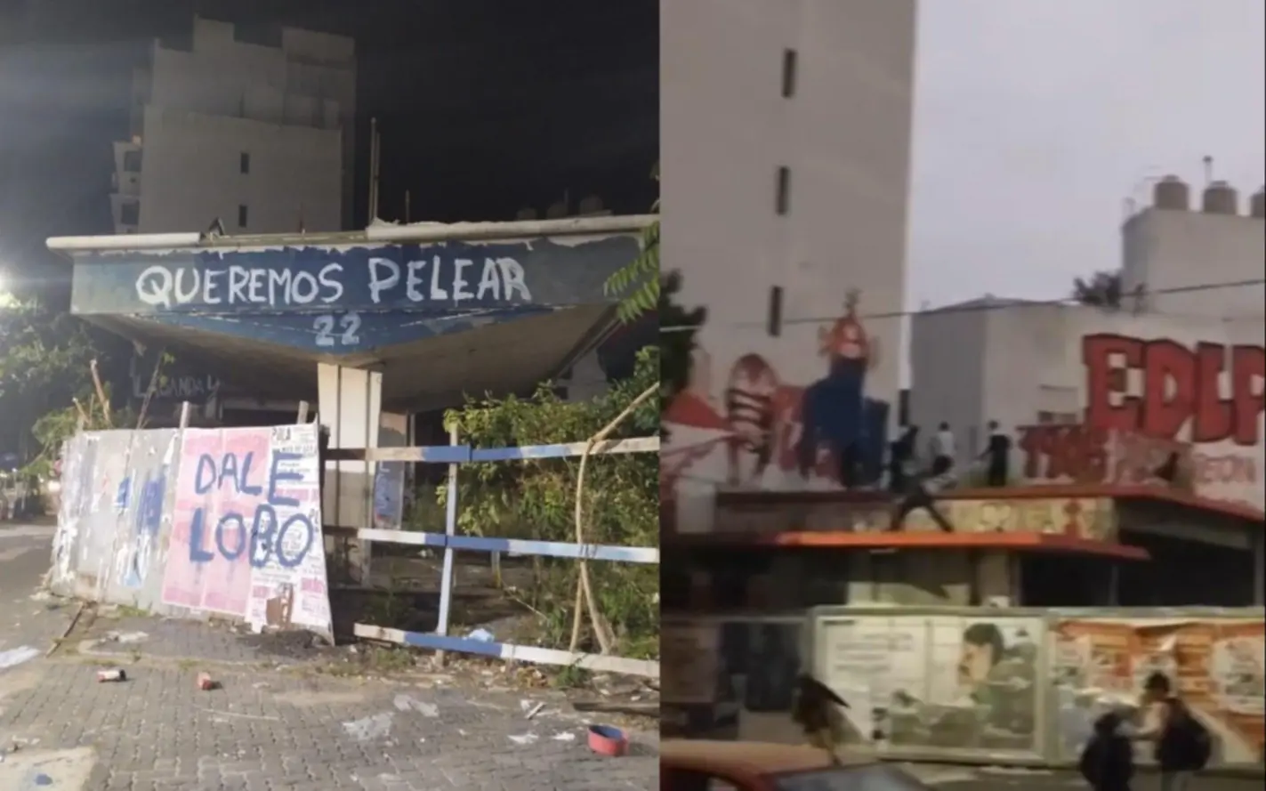 Pintadas de Gimnasia y de Estudiantes en una vieja de estación de servicio ubicada cerca de los estadios.
