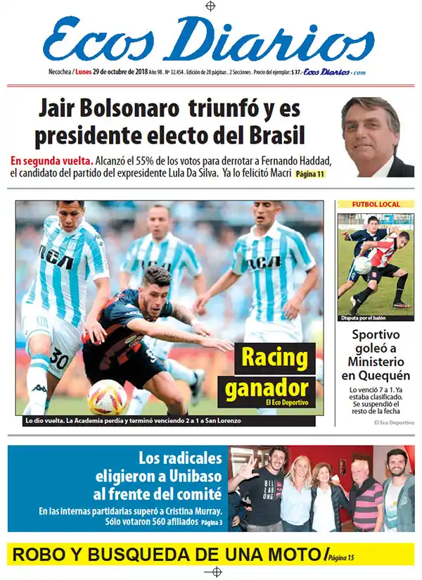 Tapa del 29 de octubre de 2018