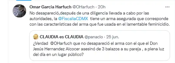 El mensaje en el que se ratifica que las autoridades tienen el arma con la que mataron a Yrma Lidya. Foto Twitter