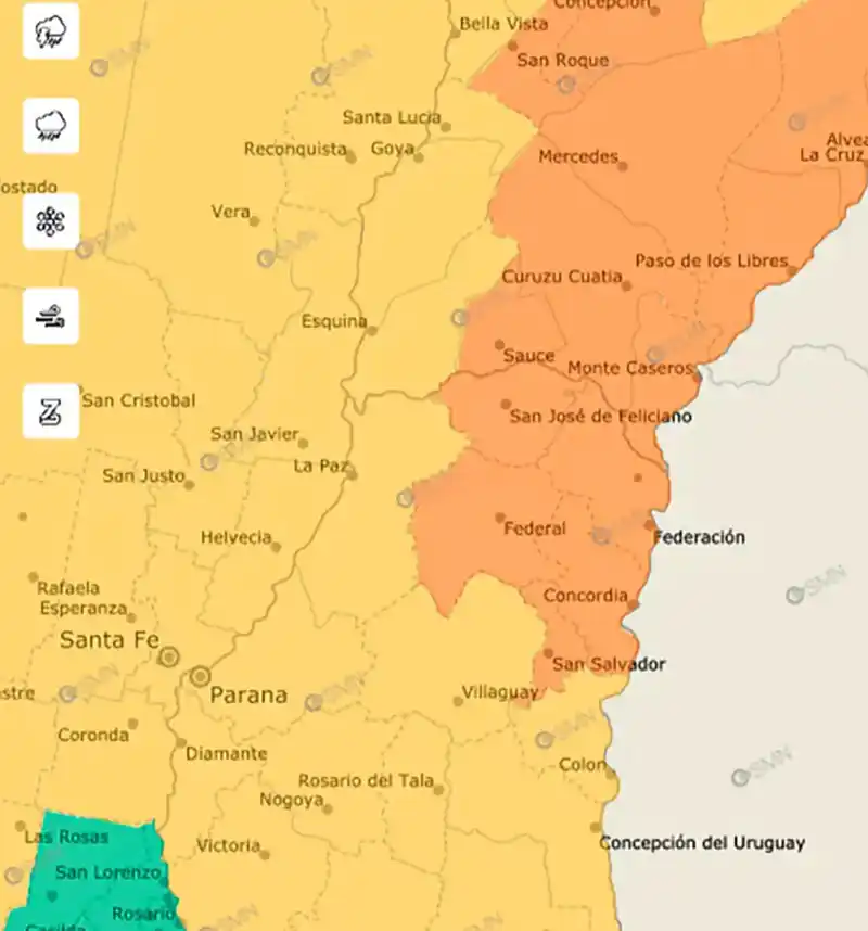 Emitieron alerta naranja para el norte entrerriano y amarilla para el resto de la provincia