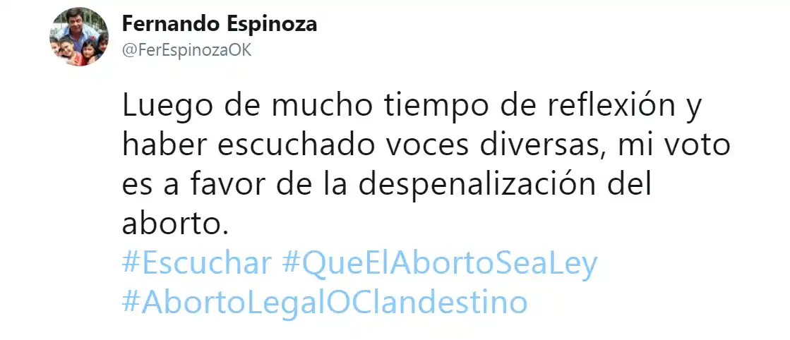 Fernando Espinoza definió su voto a favor de la despenalización del aborto