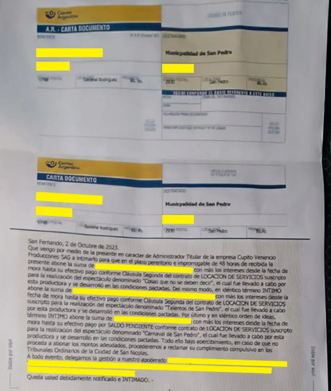Carta documento Cupitó a la Municipalidad