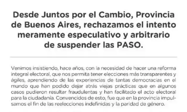 Suspensión de las PASO: Desde Juntos por el Cambio bonaerense rechazaron la medida