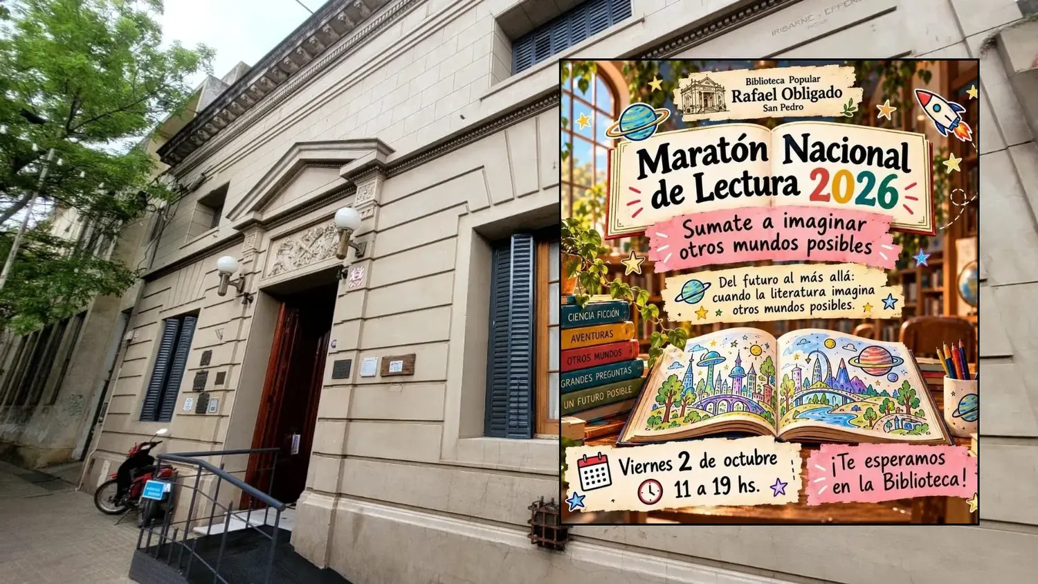 El flyer informativo de la Maratón Nacional de Lectura  invita a la comunidad a participar de una jornada dedicada a la literatura y la imaginación.