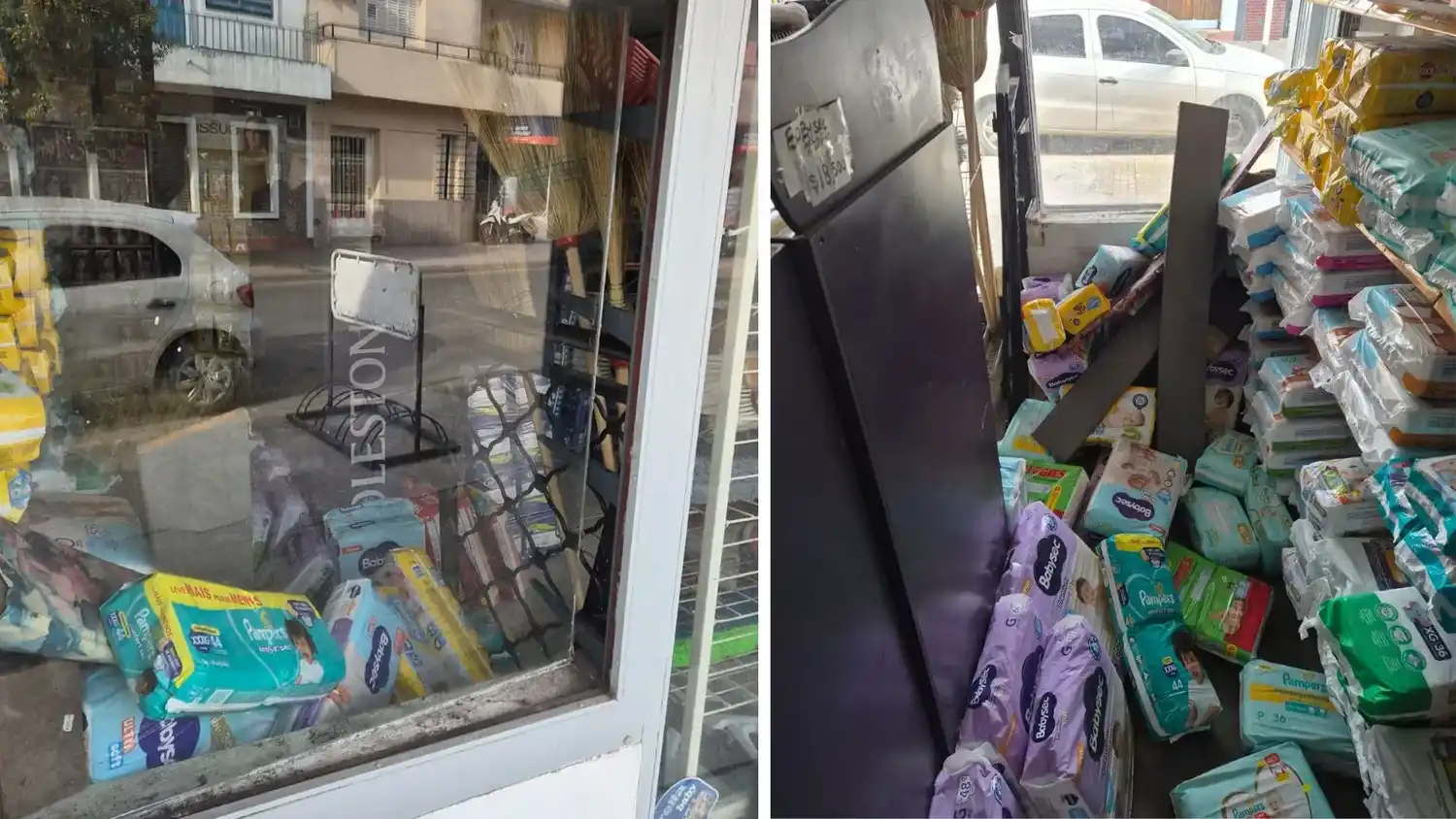 La vidriera forzada y el desorden que quedó en el interior del comercio.