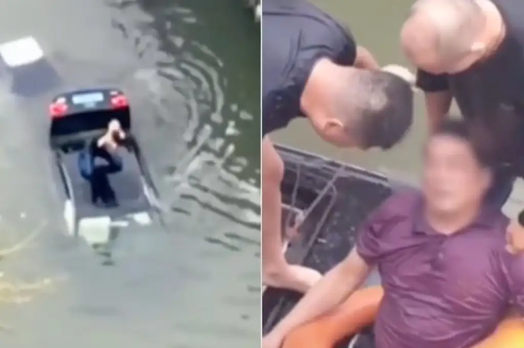 Hizo una maniobra brusca, cayó al río con el auto y un valiente testigo lo rescató.